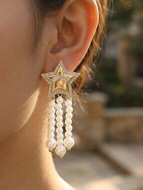 Gold-Tone Crystal Star & Pearl Tassel Earrings-4th of July-Stainless Steel